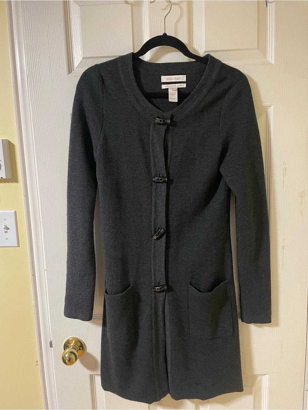 Ellen Tracy Dark Charcoal Merino Wool Blend Cardigan
